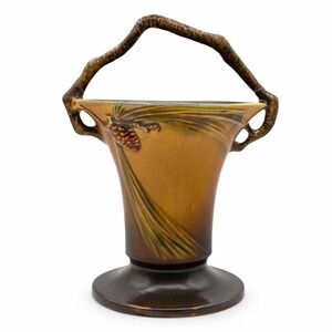 Roseville Pinecone 338-10 Basket 10" Pottery Brown Branch Handle USA 1930s Rare